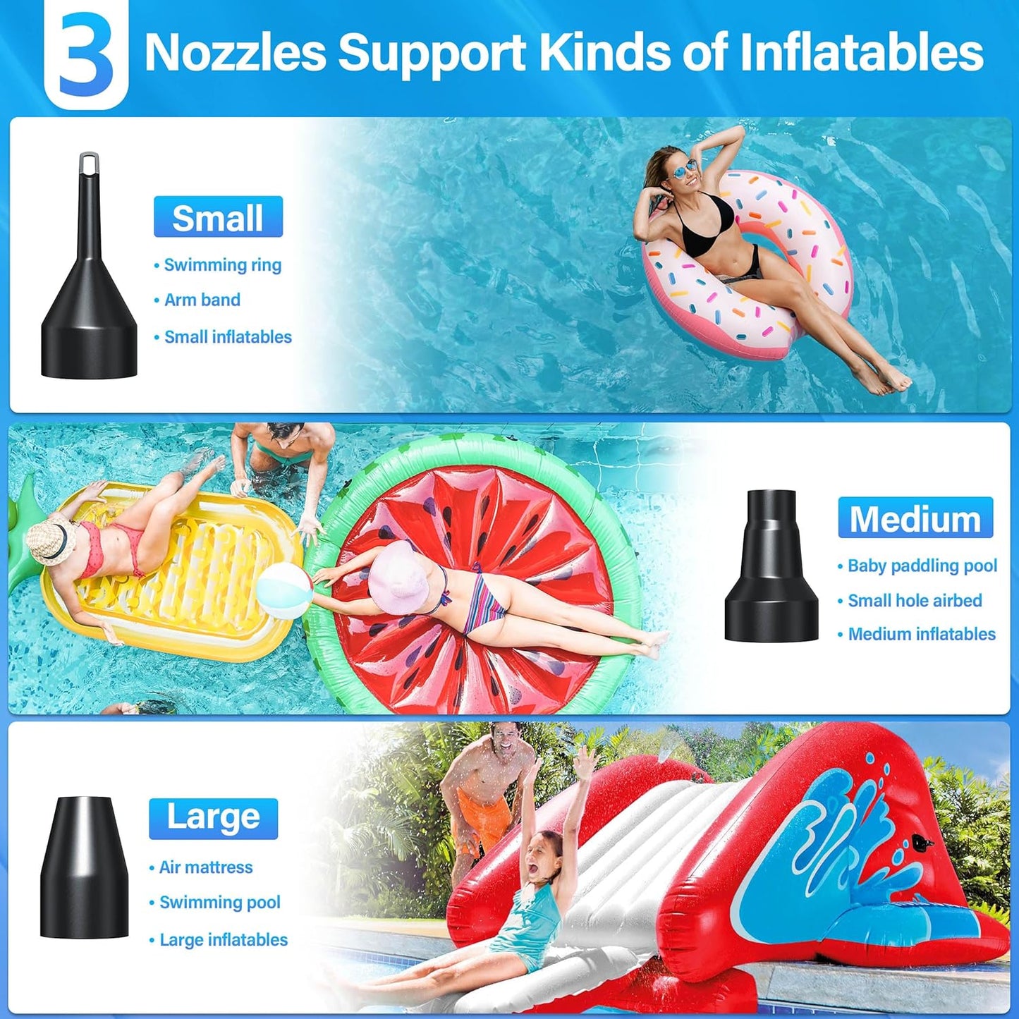 Electric Air Pump for Inflatables Air Mattress Pump Electric Pump with 3 Nozzles Inflator Deflator Air Pump for Air Mattress Beds Pool Floats Swimming Ring AC 130W