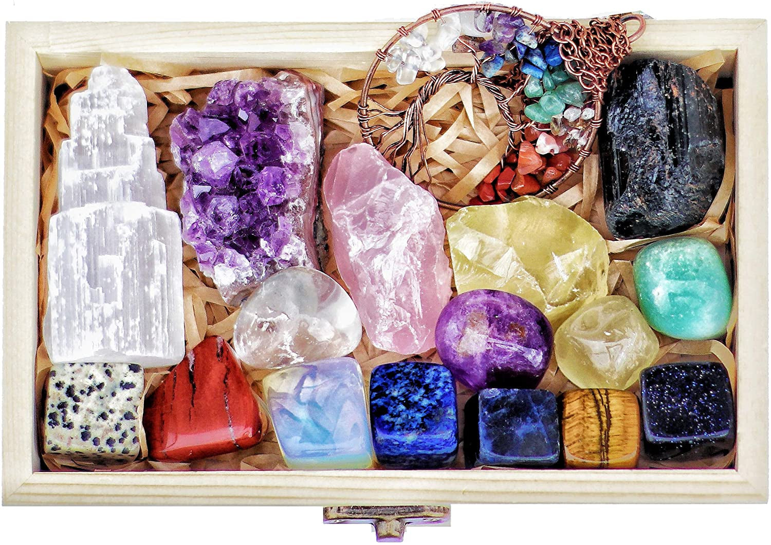 Healing Crystals Set - 16 Real Chakra Crystals & Stones for Stress & Anxiety Relief, Wooden Gift Box + Tree of Life Necklace + Guide Book, Selenite Amethyst Rose Quartz - Gift for Women