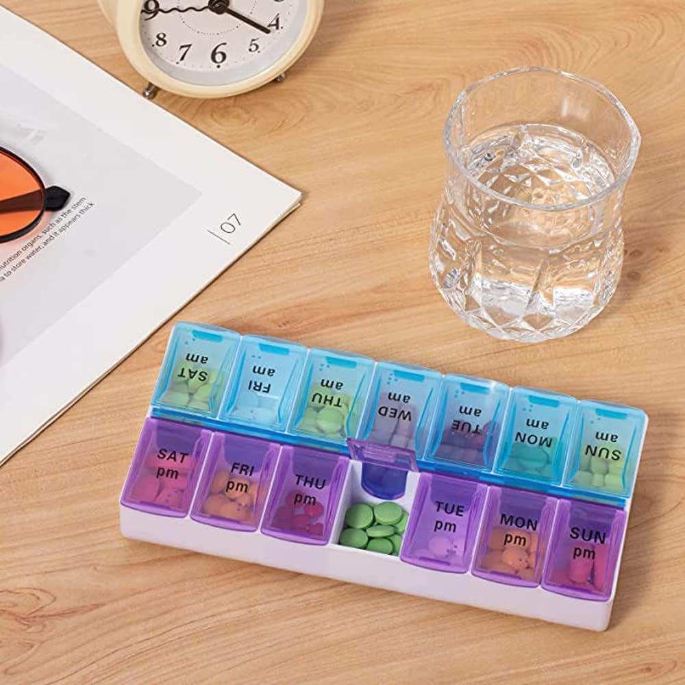 Weekly Pill Organizer 2 Times a Day 7 Day Pill Box Holder Large Daily Medicine Organizer Travel Pill Case Pill Container (2 Times Blue+Purple)
