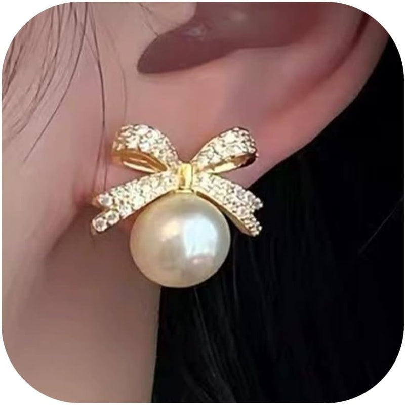 Bow Earrings for Women Pearl Bow Earrings Rhinestone Earring Gold Dangle Earring Christmas Jewelry Gifts Outfits Stocking Stuffers
