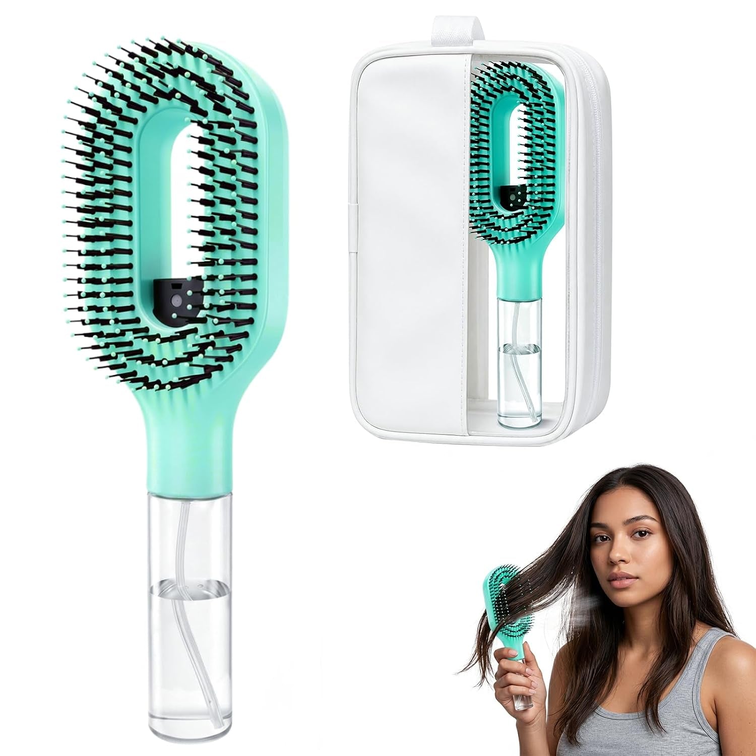Hair Brush with Water Spray, 2-In-1 Misting Detangler for Wet Dry Curly Hair, Liquid Spraying Styling Tool with Refillable Bottle and Waterproof Storage Bag, Portable Travel Hairbrush Set, Blue