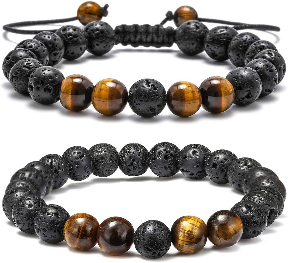 Fathers Day Gift Mens Bracelet - Beaded Natural Stone 8Mm Tiger Eye Matte Agate Lava Rock Bracelets for Men Teen Boys Grandpa Dad Birthday Gifts Jewelry