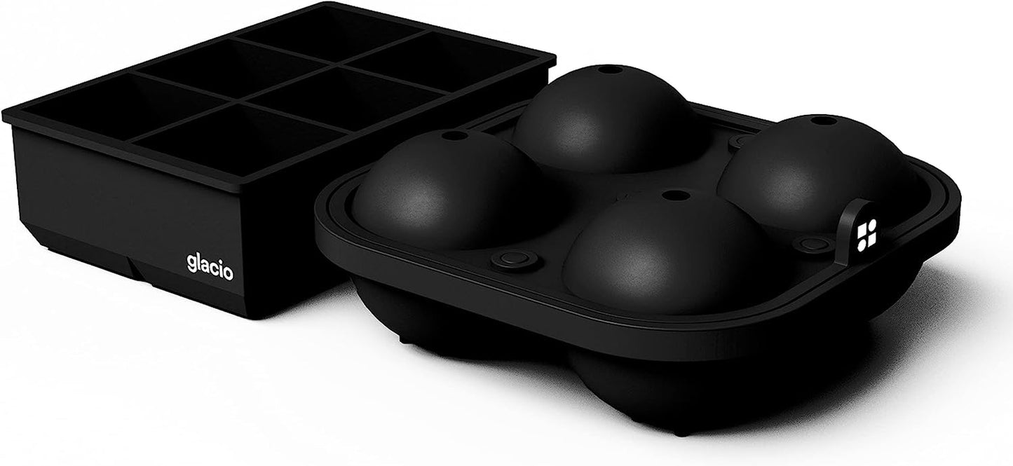 Ball Ice Cube Tray and Big Ice Cube Molds for Whiskey, Slow-Melting, 100% Silicone, No-Plastic, Easy Release, Ideal for Gifting and Elevating Cocktails (Black, 4 Spheres & 6 Cubes)