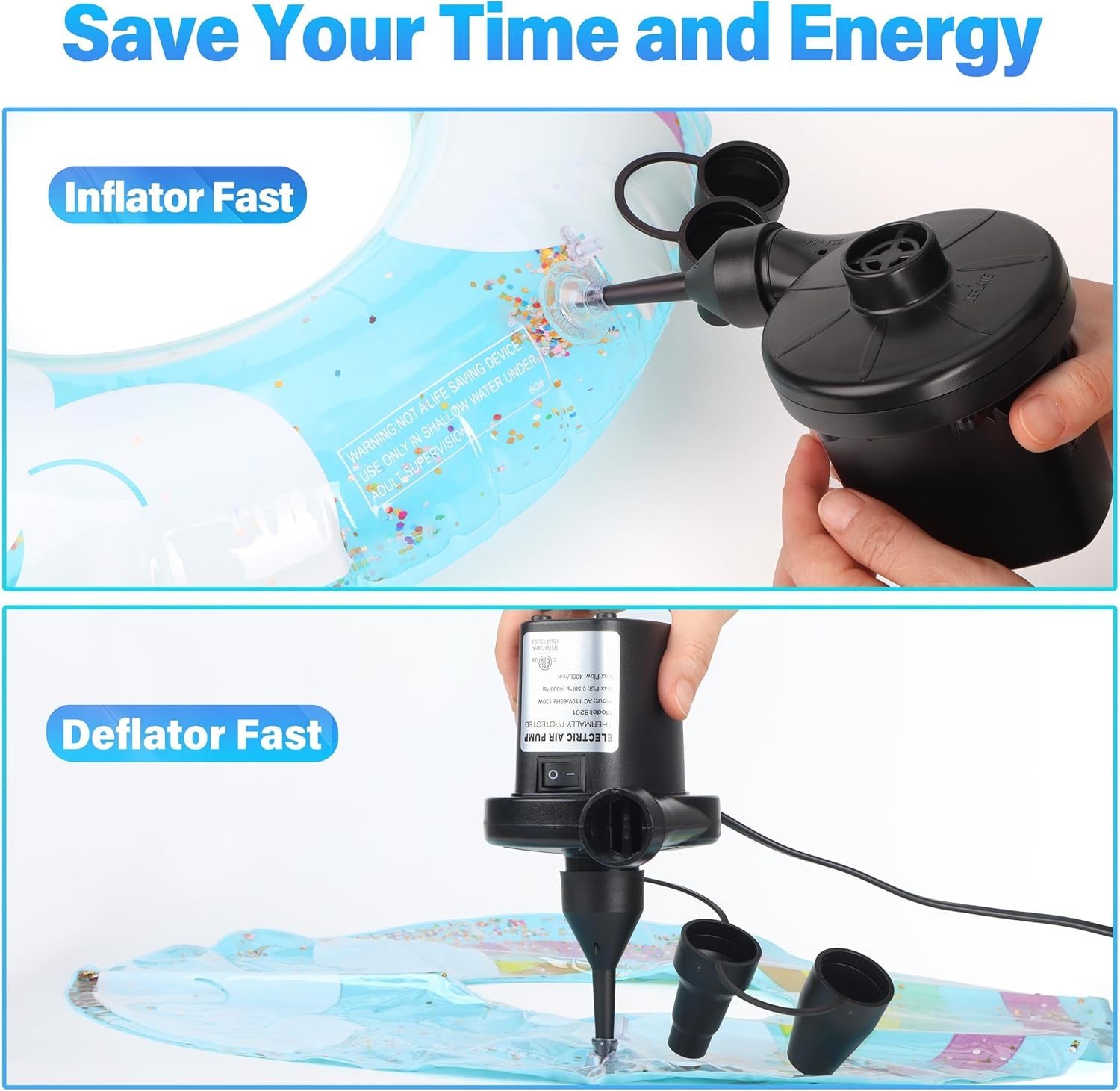 Electric Air Pump for Inflatables Air Mattress Pump Electric Pump with 3 Nozzles Inflator Deflator Air Pump for Air Mattress Beds Pool Floats Swimming Ring AC 130W