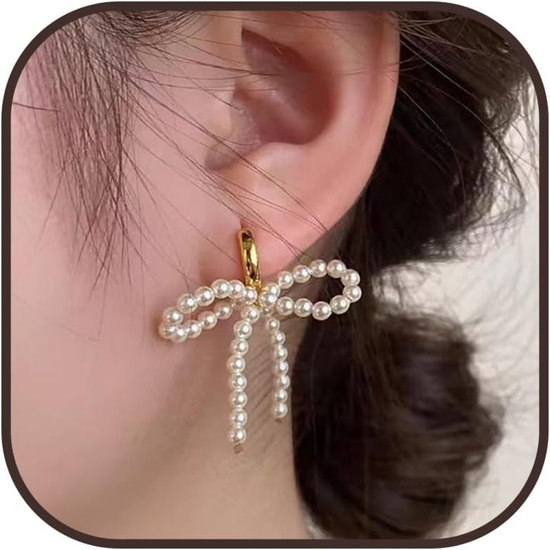 Bow Earrings for Women Pearl Bow Earrings Rhinestone Earring Gold Dangle Earring Christmas Jewelry Gifts Outfits Stocking Stuffers