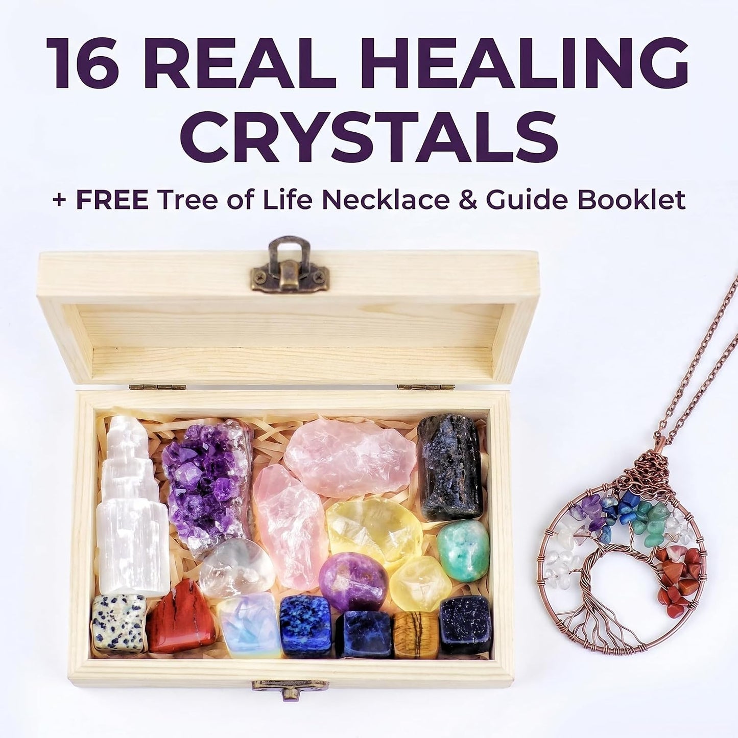 Healing Crystals Set - 16 Real Chakra Crystals & Stones for Stress & Anxiety Relief, Wooden Gift Box + Tree of Life Necklace + Guide Book, Selenite Amethyst Rose Quartz - Gift for Women