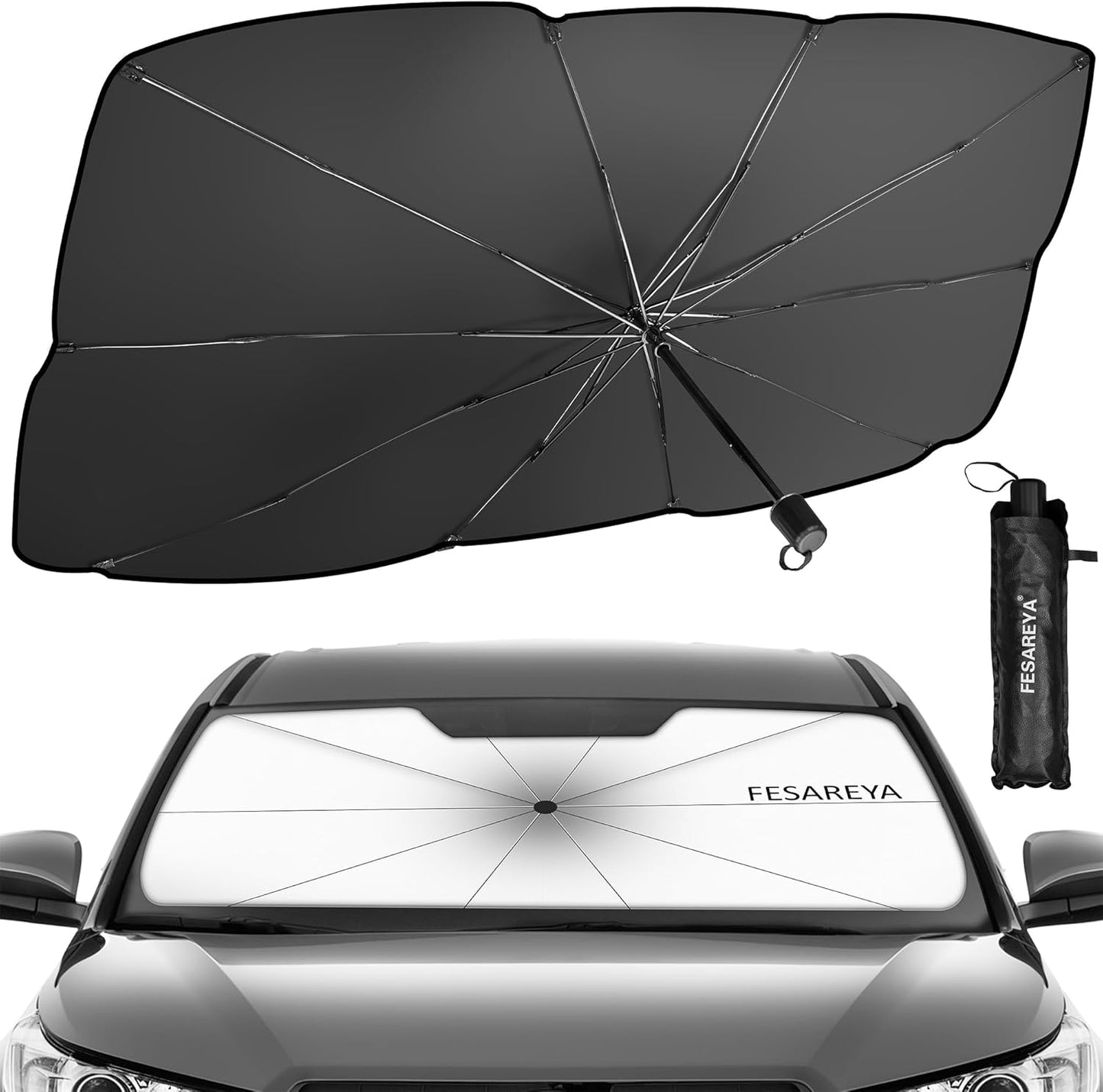 Windshield Sun Shade Foldable Umbrella, Sun Shade for Car Windshield, Car Window Shades [Silver Heat Shield - UV Reflective] Universal Fit Medium (56"X31")