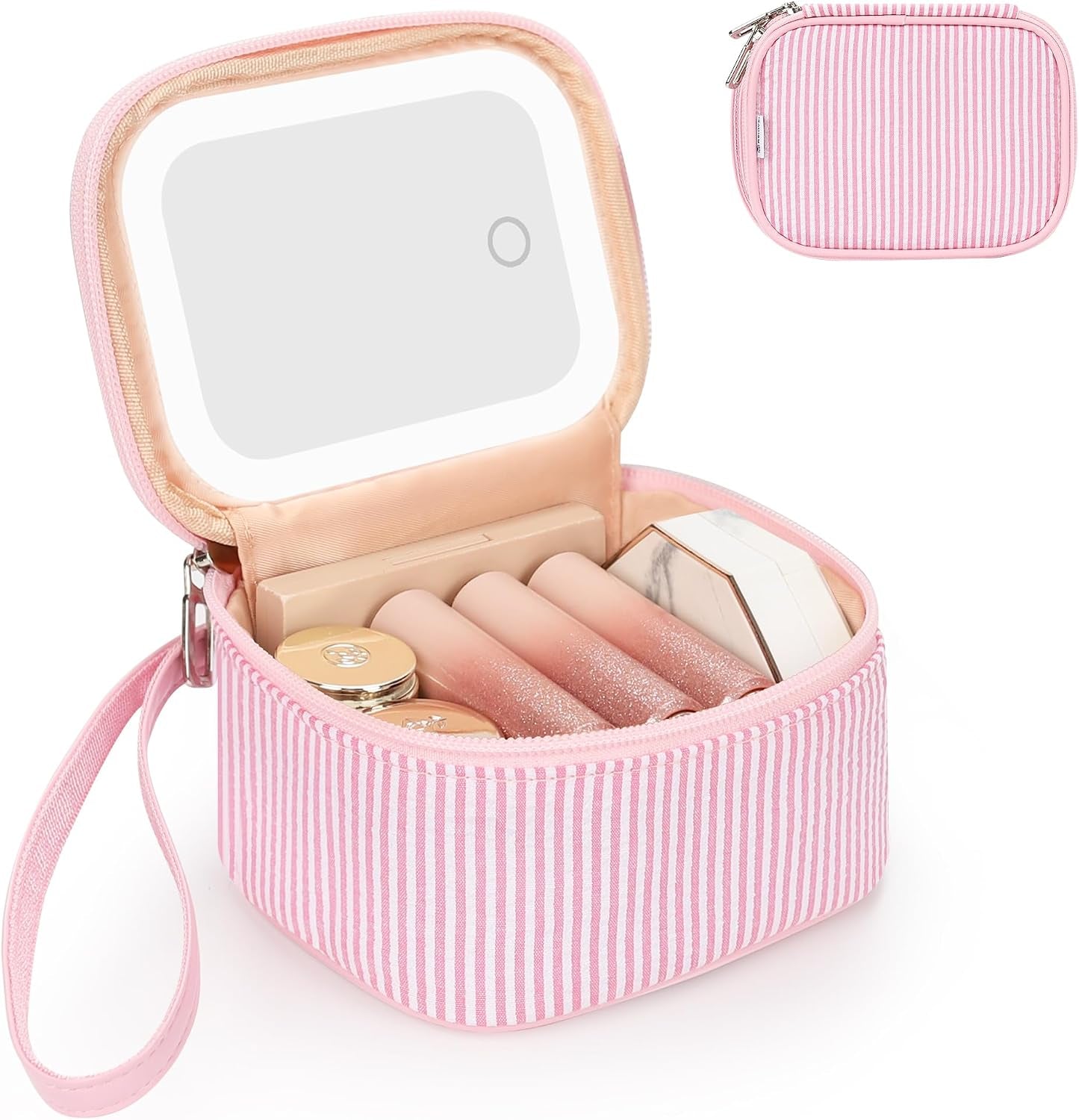 Mini Makeup Bag with Led Mirror, Small Cosmetic Bag with 3 Light Modes, Rechargeable Portable Makeup Pouch with Hands-Free Wrist Strap for Pool Parties丨Work Touch-Ups丨Travel - Black