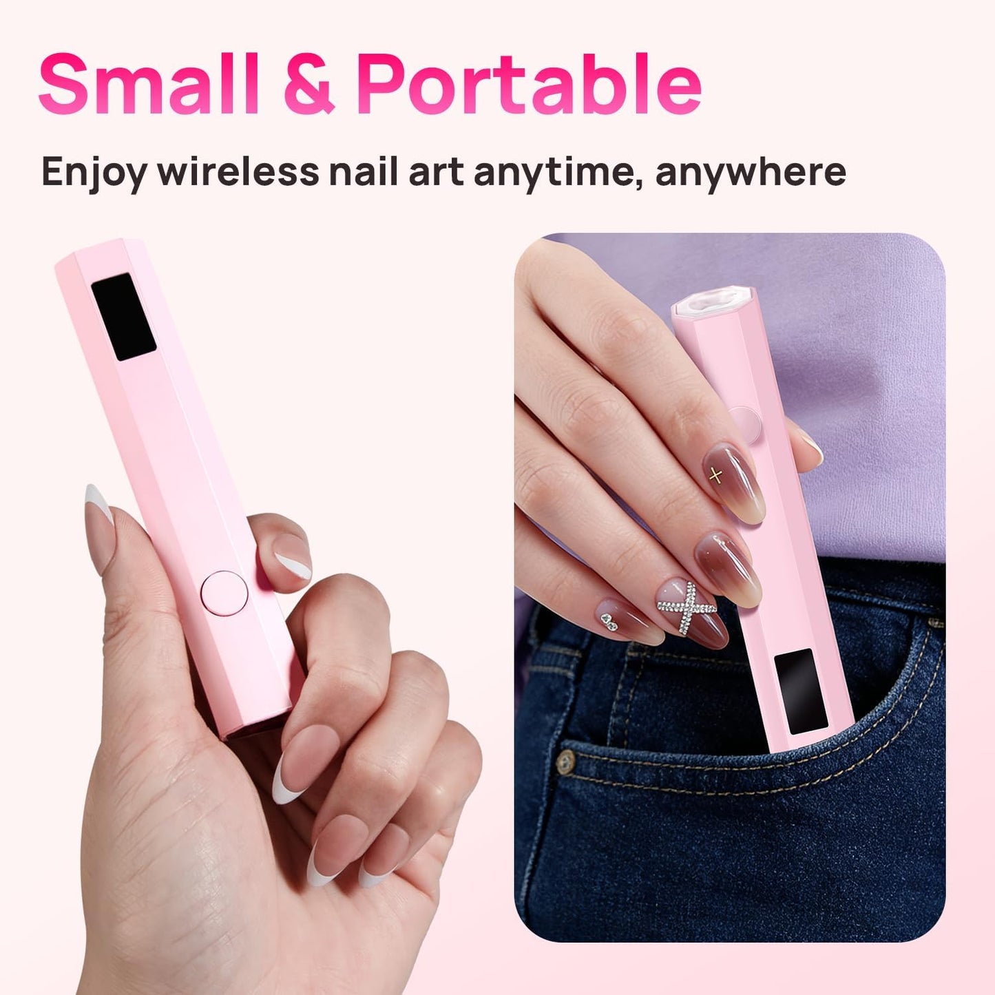UV Nail Lamp, Handheld with LCD Display & 20/60S Timer,180Mah Rechargeable Nail Lamps for Gel Polish, Home DIY & Salon Use (Pink)