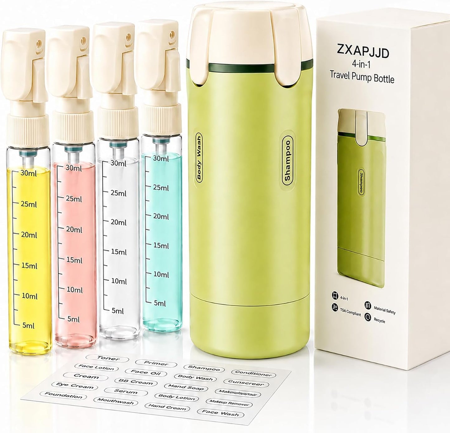 4 in 1 Travel Dispenser Bottle, Leakproof Rotatable Travel Pump Bottles for Toiletries, TSA Approved Hard Shell Liquid Containers (4X30Ml/1Oz), Essentials for Women & Men (White)