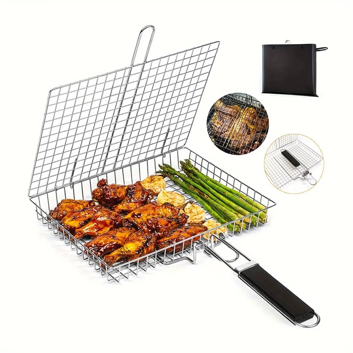 Portable Grill Basket, BBQ Grilling Basket for Outdoor Grill with Removable Handle, Stainless Steel Camping Cooking Grill Accessories for Chicken Fish Vegetable