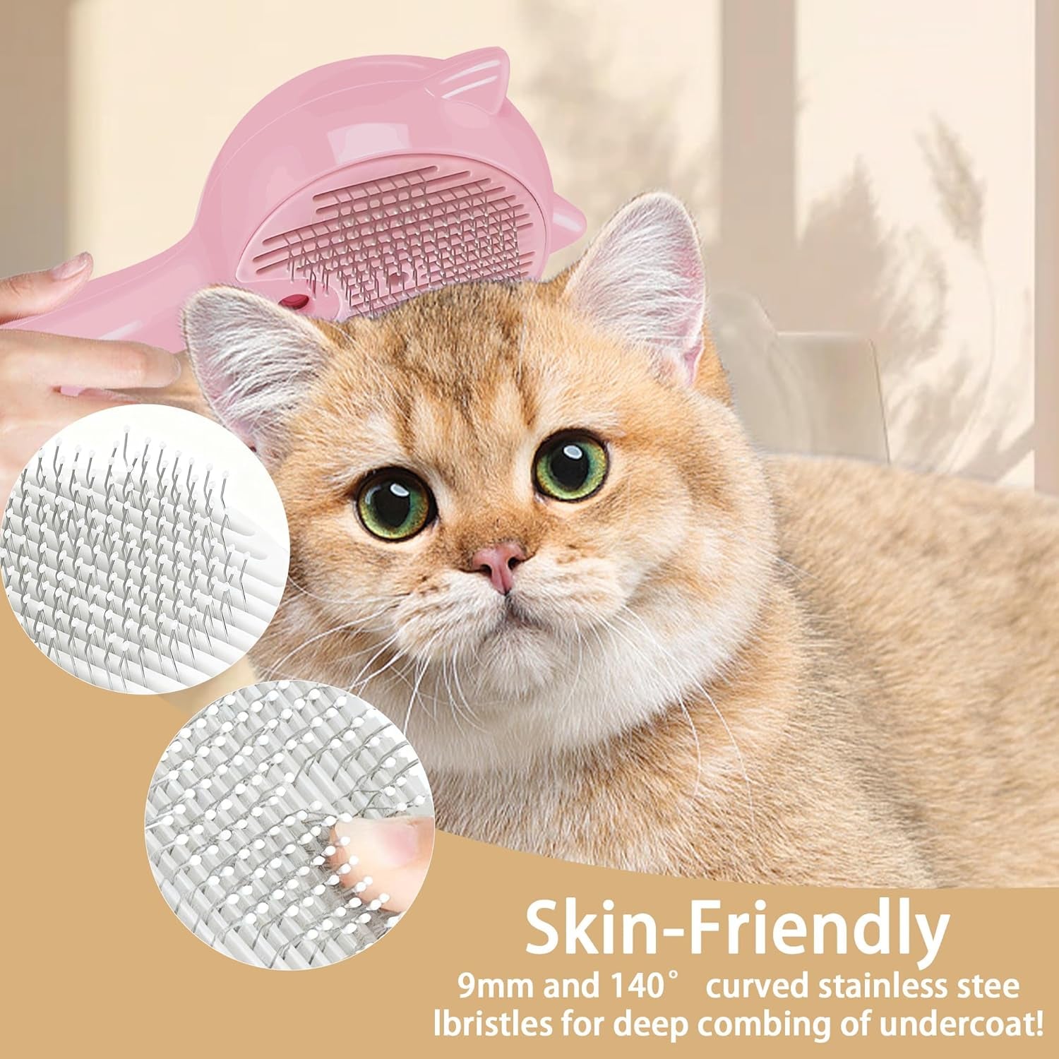 Pet Steam Brush for Cats & Dogs ，3-In-1 Pet Grooming Comb，Reduces Shedding, Soft Bristles, Promotes Healthy Coat-Comes - Includes Waterless Shampoo，Pink