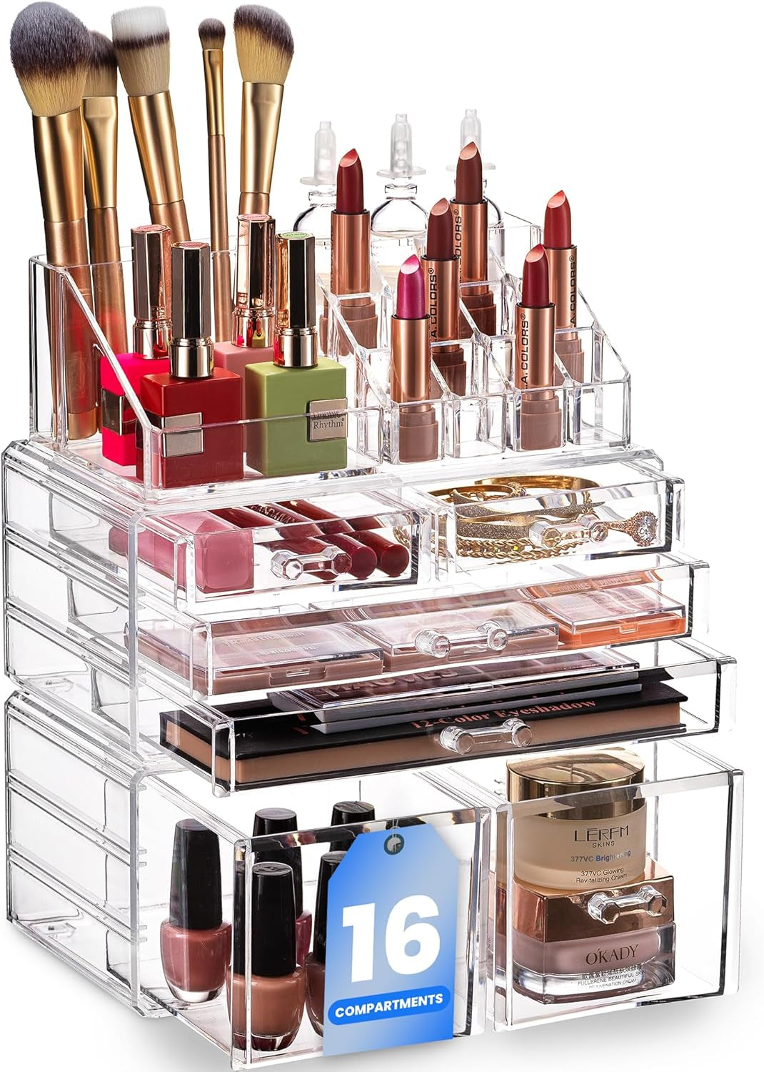 Clear Makeup Organizer - 16-Compartment Cosmetic and Jewelry Holder with 4 Drawers - Vanity Storage Box for Makeup, Skincare, Accessories, and Jewelry Display