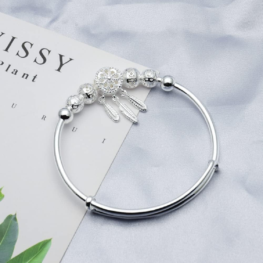 Simple 925 Silver Beads Bangle Bracelet Transfer Feathers Pendant Lucky Beads Cuff Bangle Fashion Charms Feather Leaf Boho Layered Bracelets for Women