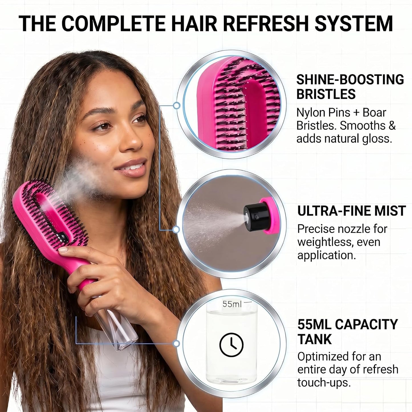 Hair Refresh Spray Brush, 2-In-1 Detangling Hairbrush with Fine Mist Sprayer, Instant Morning Hair Fix, No-Wash Styling Tool, Anti-Frizz & Static Control, Portable for Travel Gym Office
