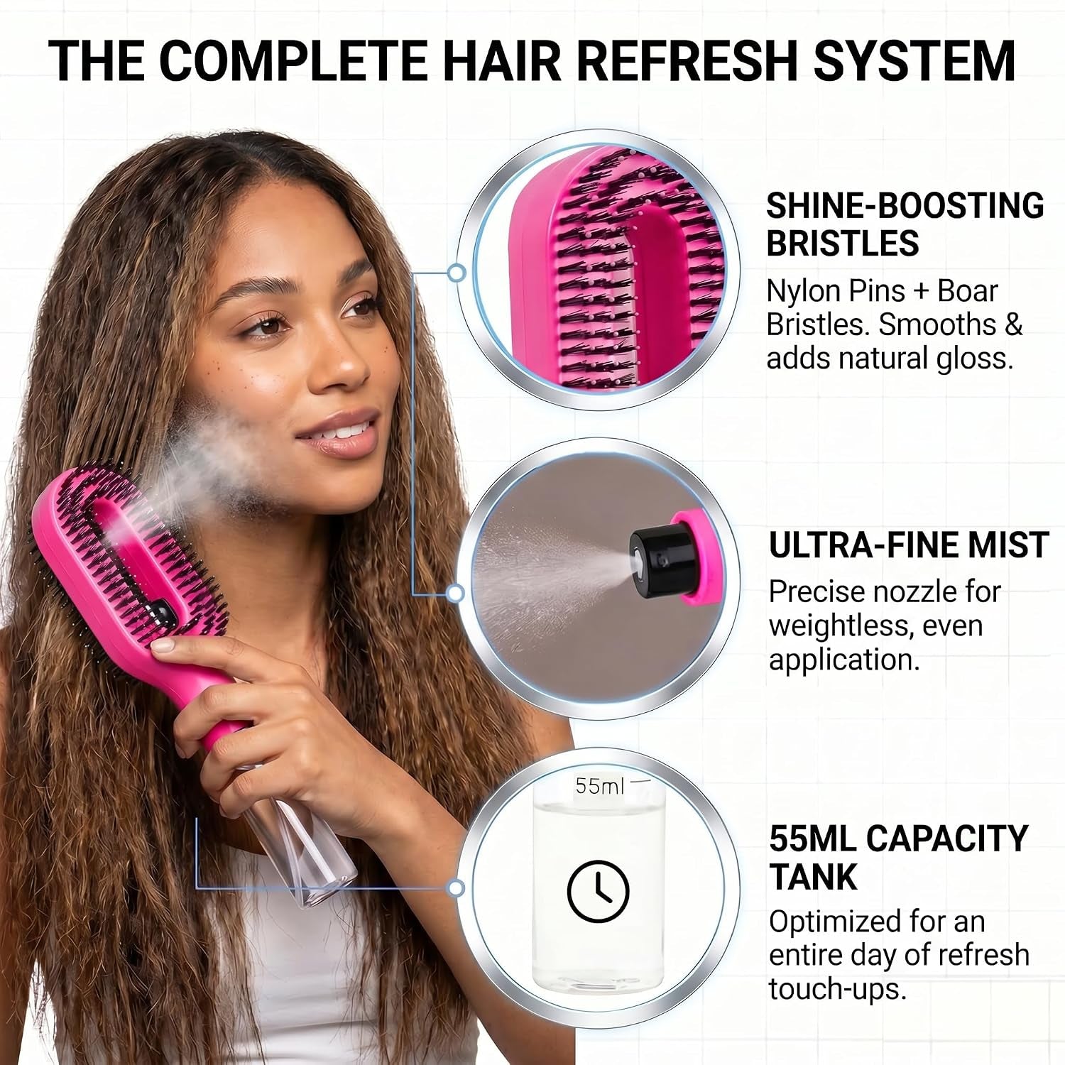 Hair Refresh Spray Brush, 2-In-1 Detangling Hairbrush with Fine Mist Sprayer, Instant Morning Hair Fix, No-Wash Styling Tool, Anti-Frizz & Static Control, Portable for Travel Gym Office