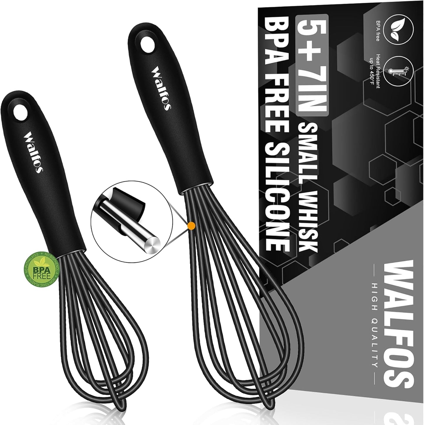 Silicone Whisk,Stainless Steel Wire Whisk Set of 3 -Heat Resistant 480°F Kitchen Whisks for Non-Stick Cookware,Balloon Egg Beater Perfect for Blending,Whisking,Beating,Frothing & Stirring,Black