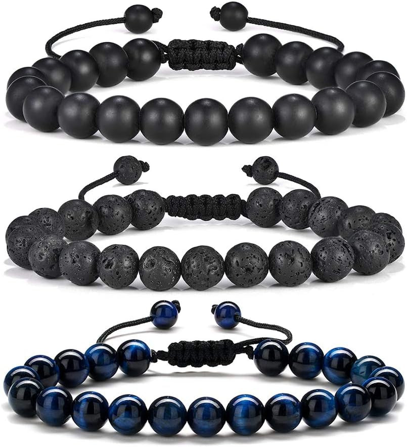 Fathers Day Gift Mens Bracelet - Beaded Natural Stone 8Mm Tiger Eye Matte Agate Lava Rock Bracelets for Men Teen Boys Grandpa Dad Birthday Gifts Jewelry
