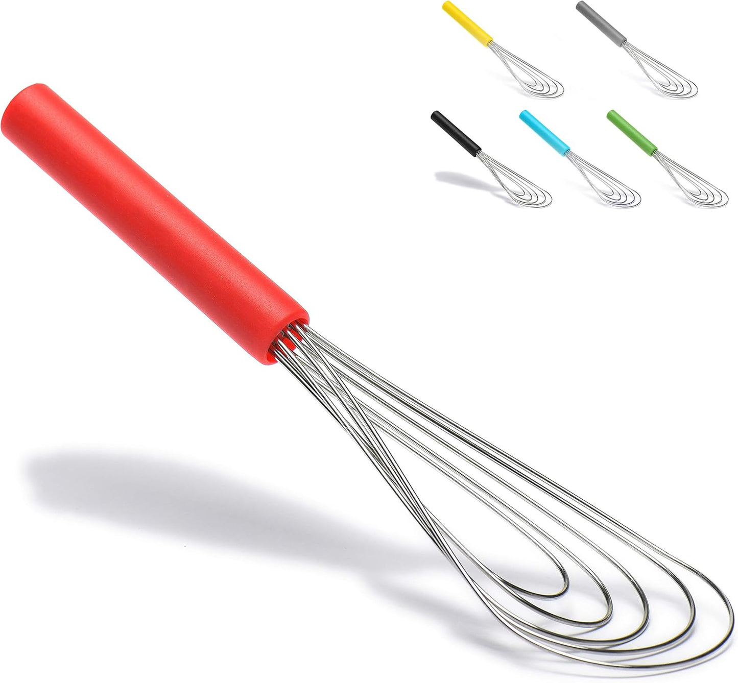Flat Whisk Silicone Handle Non Slip 10" - 5 Wires Whisk with 10 Heads for Kitchen Cooking Color Red by