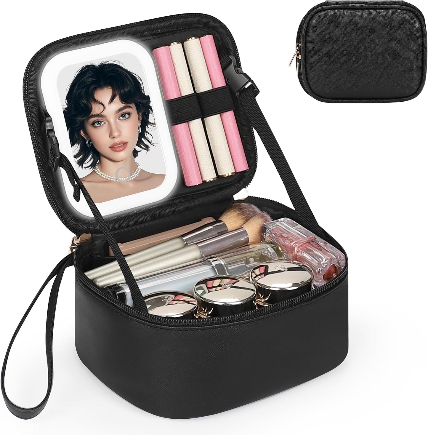 Mini Makeup Bag with Led Mirror, Small Cosmetic Bag with 3 Light Modes, Rechargeable Portable Makeup Pouch with Hands-Free Wrist Strap for Pool Parties丨Work Touch-Ups丨Travel - Black