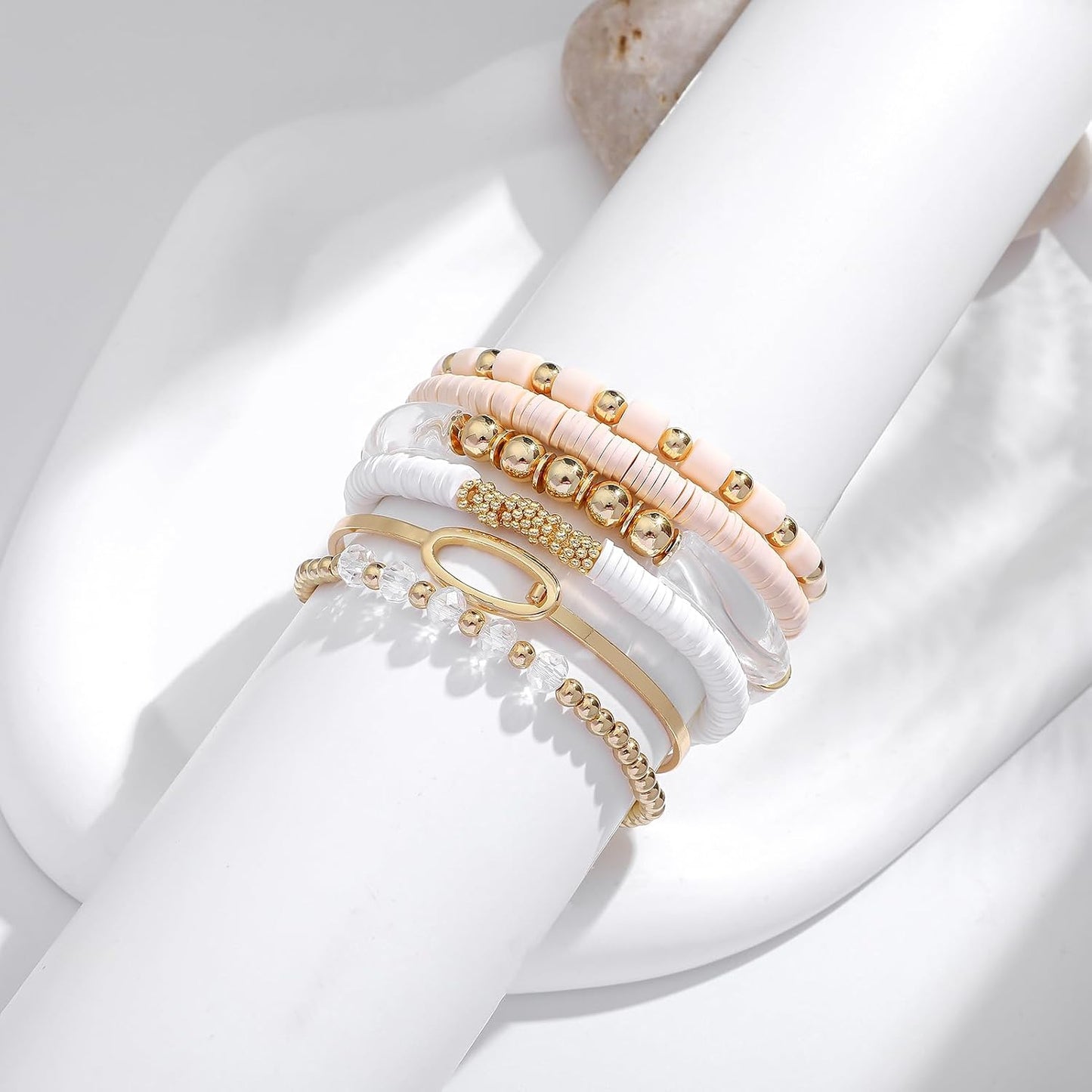 Simple Beaded Gold Plated Bangles Bracelet Chunky Bamboo Tube Curved Stacking Clear Acrylic Colorful Beads Stretchable Gold Plated Bracelets Set for Women