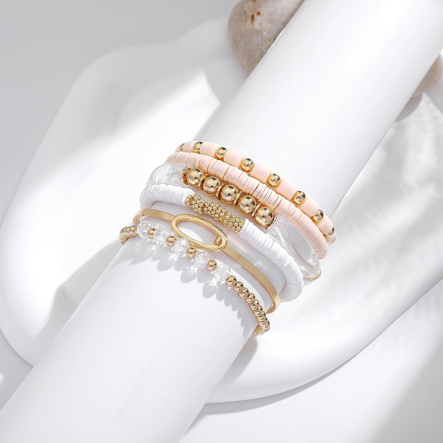 Simple Beaded Gold Plated Bangles Bracelet Chunky Bamboo Tube Curved Stacking Clear Acrylic Colorful Beads Stretchable Gold Plated Bracelets Set for Women