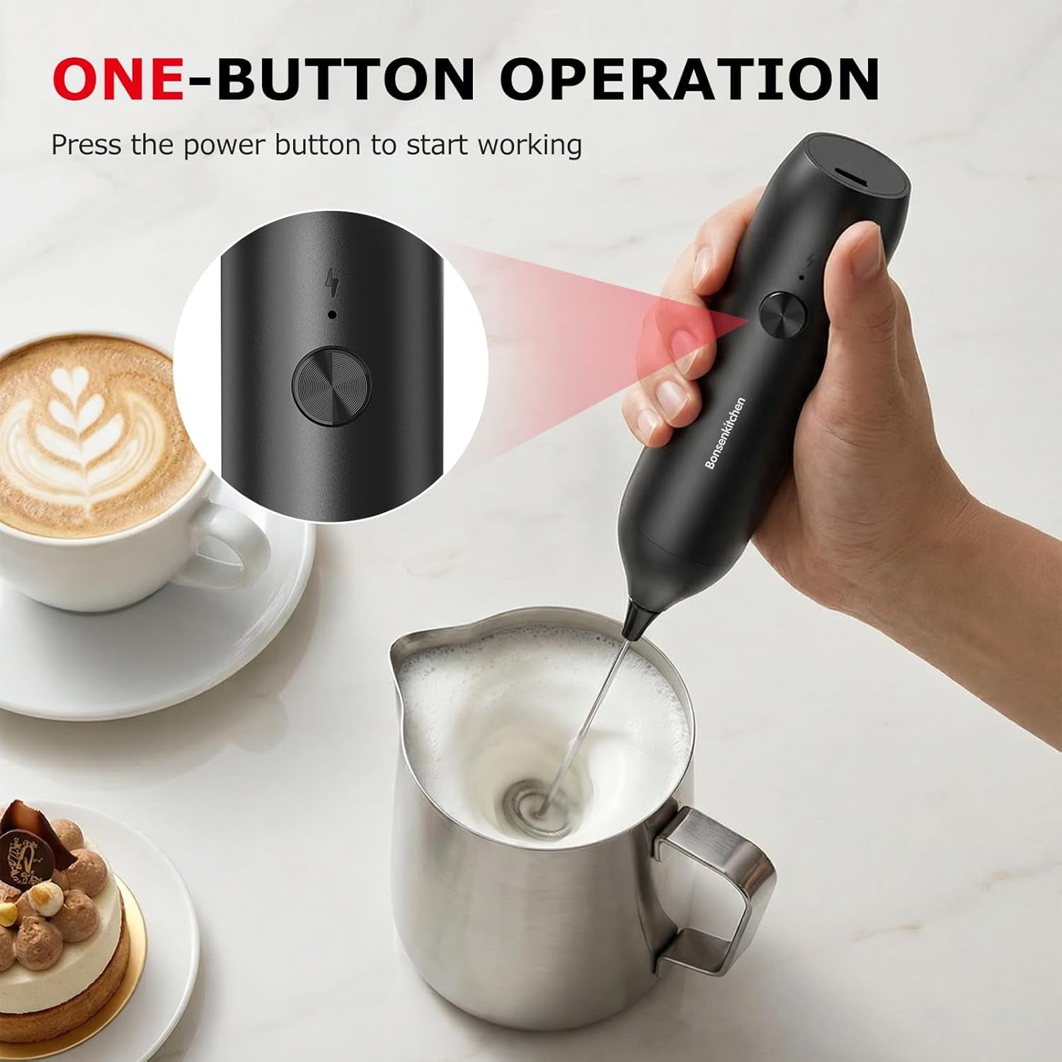 Rechargeable Milk Frother Handheld, Electric Drink Mixer with Stainless Steel Whisk, Charging USB-C, Portable Foam Maker for Coffee Matcha Lattes Cappuccino, Kitchen Gifts