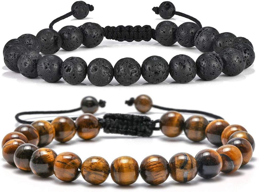 Fathers Day Gift Mens Bracelet - Beaded Natural Stone 8Mm Tiger Eye Matte Agate Lava Rock Bracelets for Men Teen Boys Grandpa Dad Birthday Gifts Jewelry