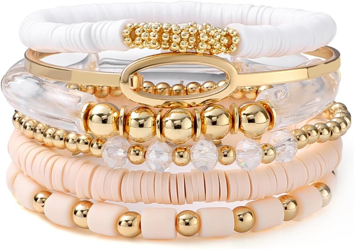 Simple Beaded Gold Plated Bangles Bracelet Chunky Bamboo Tube Curved Stacking Clear Acrylic Colorful Beads Stretchable Gold Plated Bracelets Set for Women