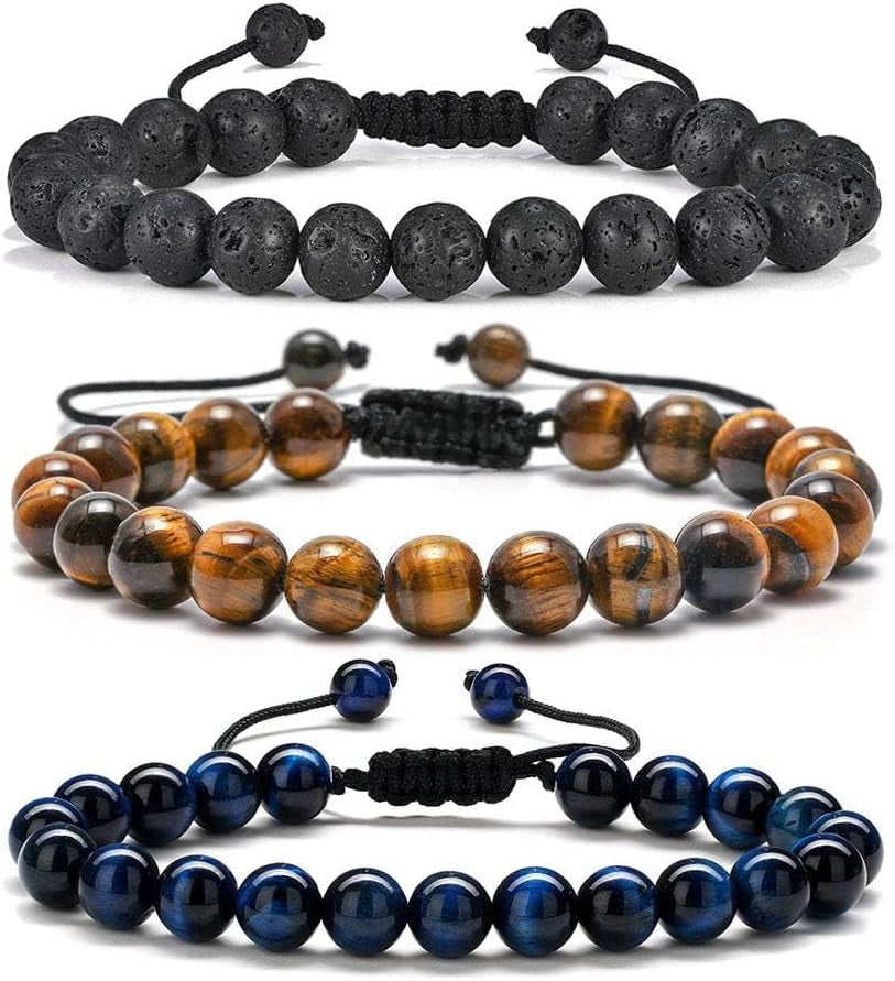 Fathers Day Gift Mens Bracelet - Beaded Natural Stone 8Mm Tiger Eye Matte Agate Lava Rock Bracelets for Men Teen Boys Grandpa Dad Birthday Gifts Jewelry