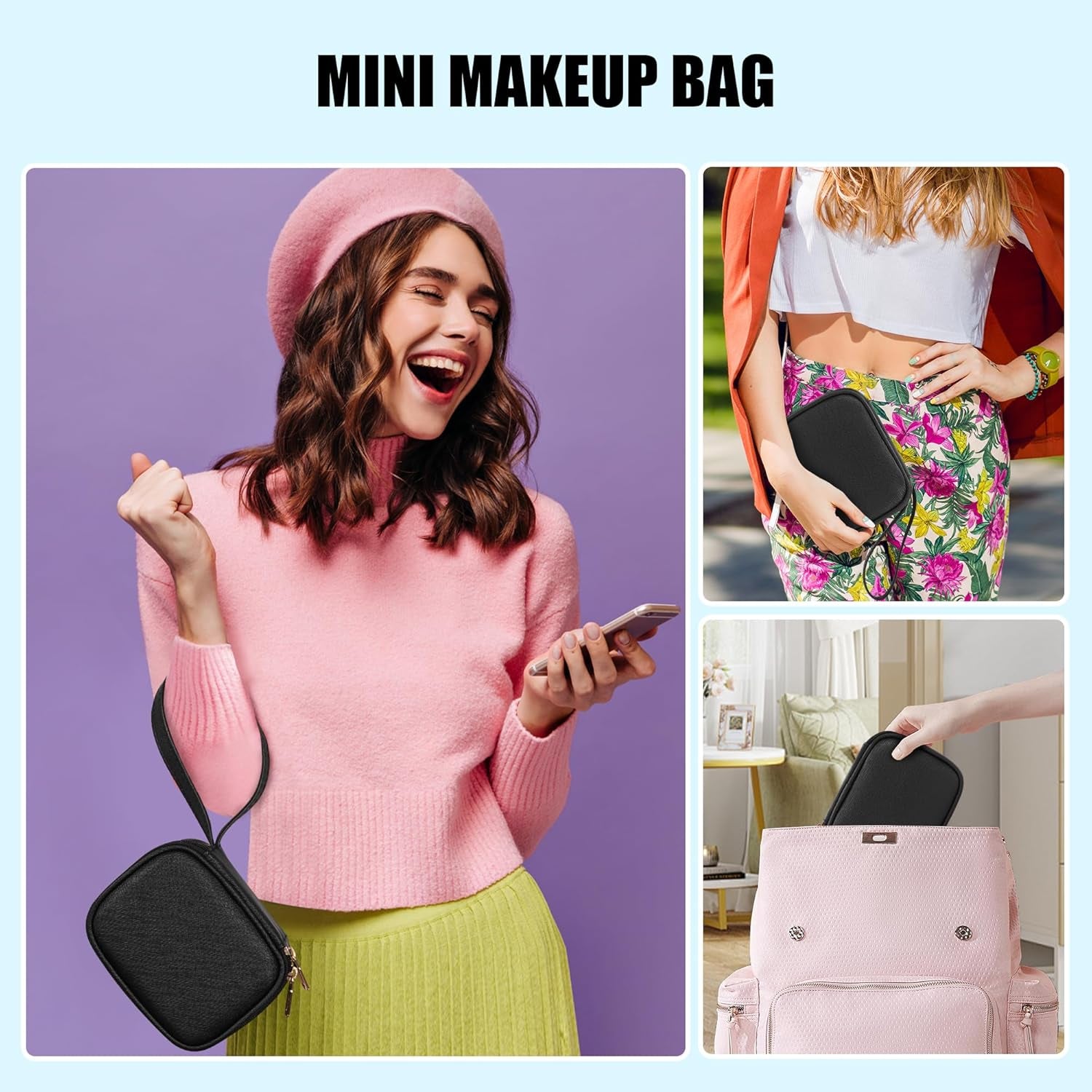 Mini Makeup Bag with Led Mirror, Small Cosmetic Bag with 3 Light Modes, Rechargeable Portable Makeup Pouch with Hands-Free Wrist Strap for Pool Parties丨Work Touch-Ups丨Travel - Black