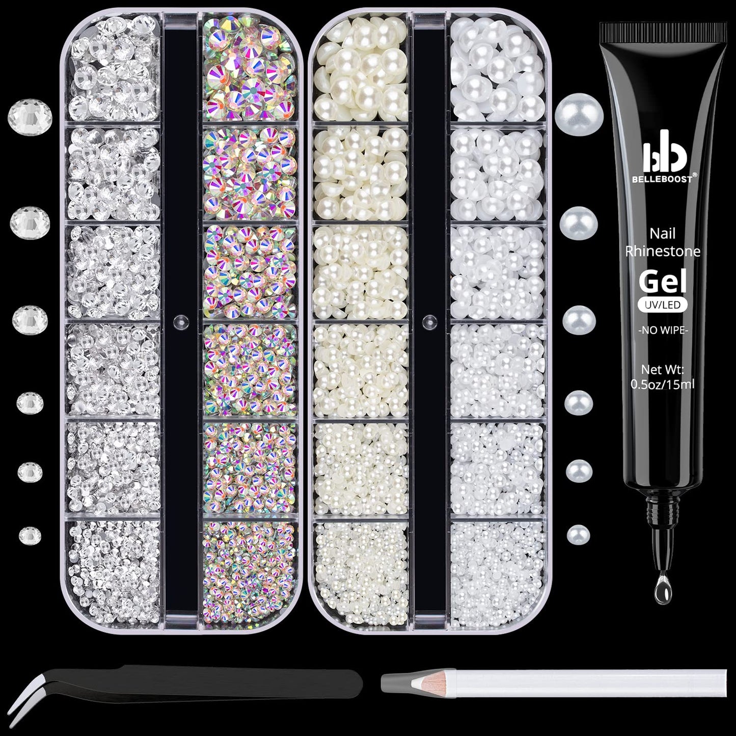 Nail Art Rhinestone Kit, 15Ml Rhinestone Gel Glue+Colorful Gems+Flatback Glass Crystal Ab&Clear Gemstones with Pickup Tools for Bedazzling Nail and Face Makeup
