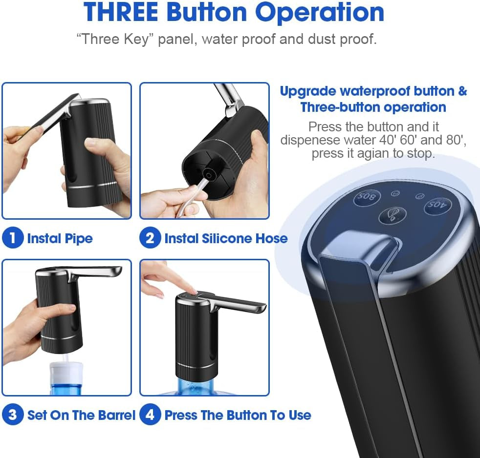 Foldable Water Dispenser with 1200Mah Lithium Battery for 5 Gallon Bottle, Automatic Stable Water Pump, Portable Drinking Water Jug Pump for Kitchen, Home, Office, Camping, Living Room, Beach (Black)