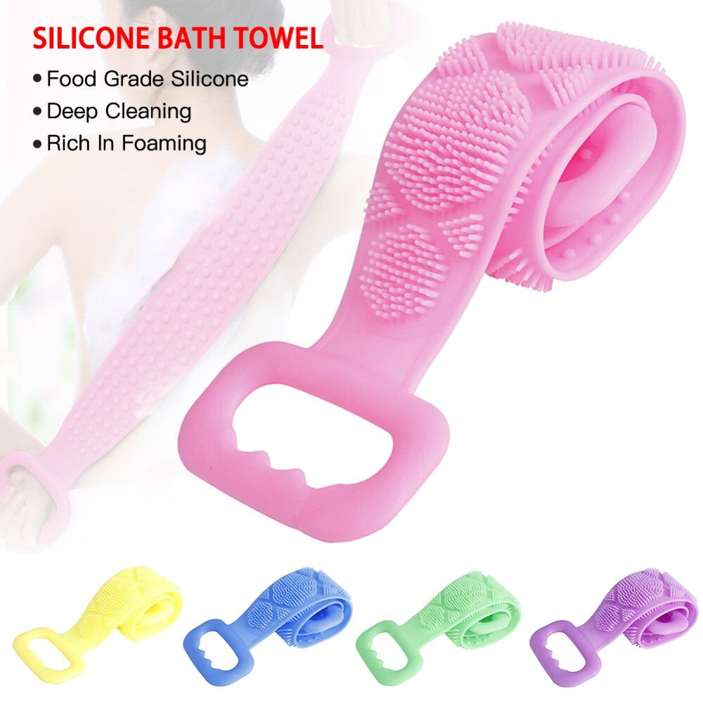 Silicone Bath Towel Rub Body Brush Shower Pull Back Strip Scrubber Exfoliating