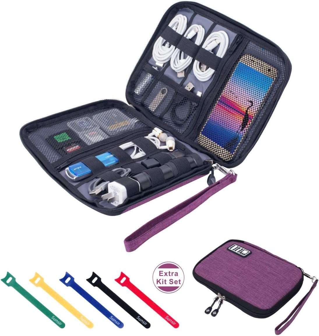 Travel Cable Organizer Bag Waterproof Portable Electronic Accessories Organizer for USB Cable Cord Phone Charger Headset Wire SD Card with 5Pcs Cable Ties(Blue)