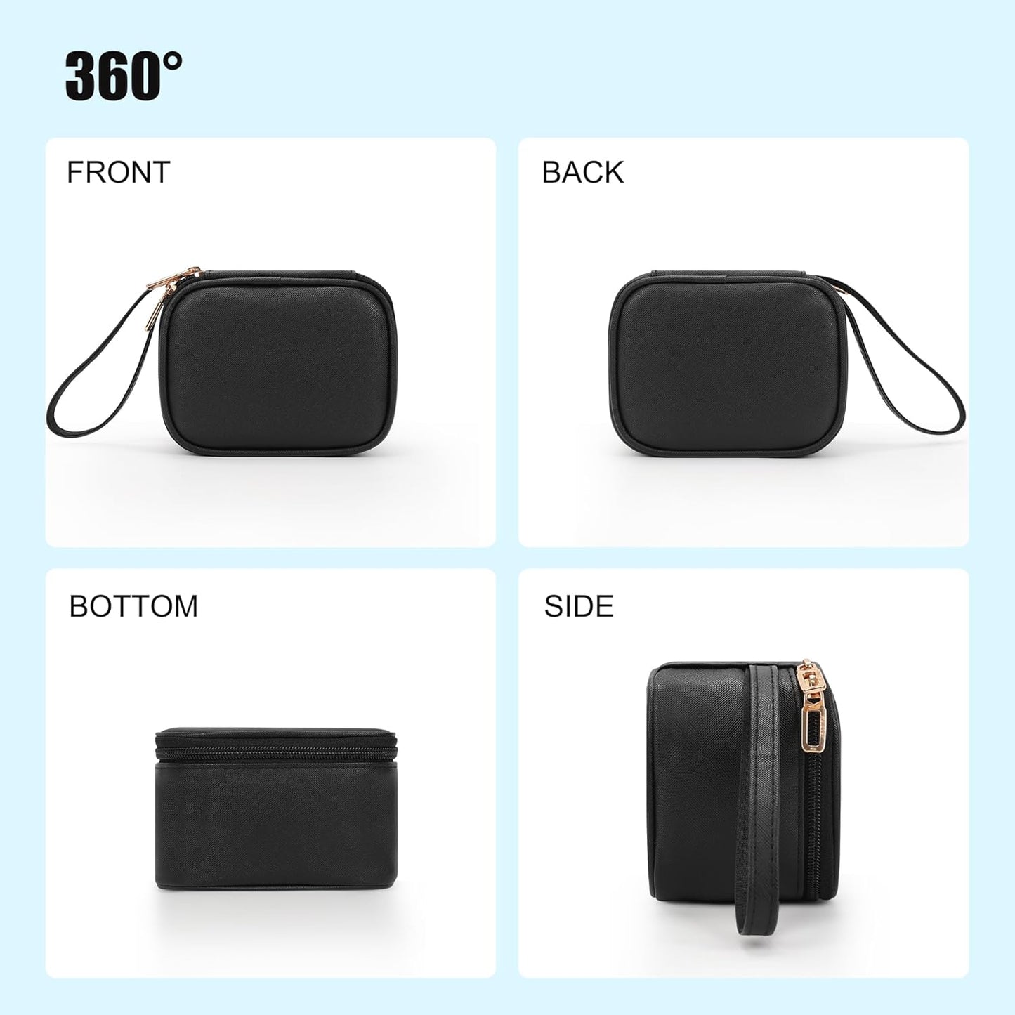 Mini Makeup Bag with Led Mirror, Small Cosmetic Bag with 3 Light Modes, Rechargeable Portable Makeup Pouch with Hands-Free Wrist Strap for Pool Parties丨Work Touch-Ups丨Travel - Black