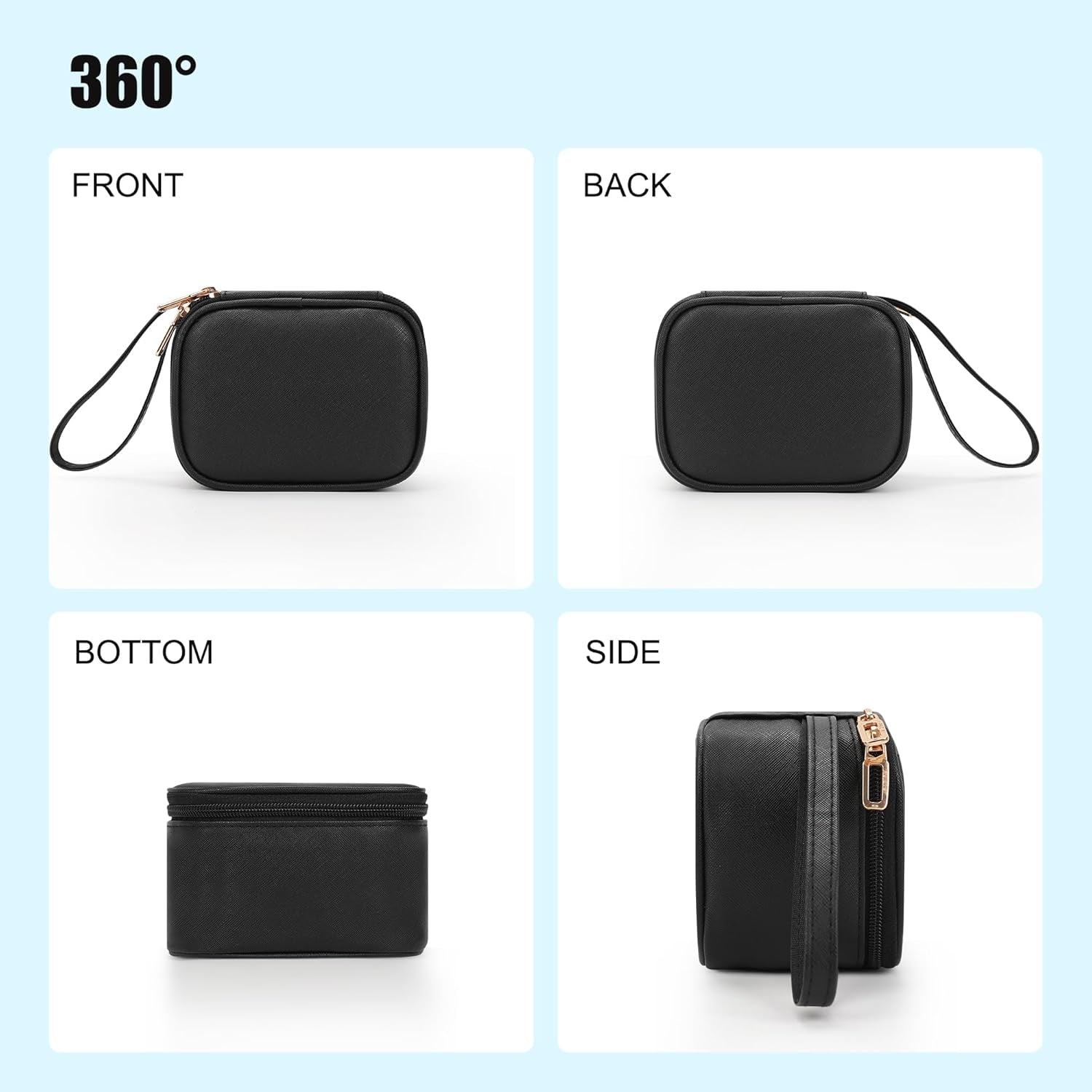 Mini Makeup Bag with Led Mirror, Small Cosmetic Bag with 3 Light Modes, Rechargeable Portable Makeup Pouch with Hands-Free Wrist Strap for Pool Parties丨Work Touch-Ups丨Travel - Black