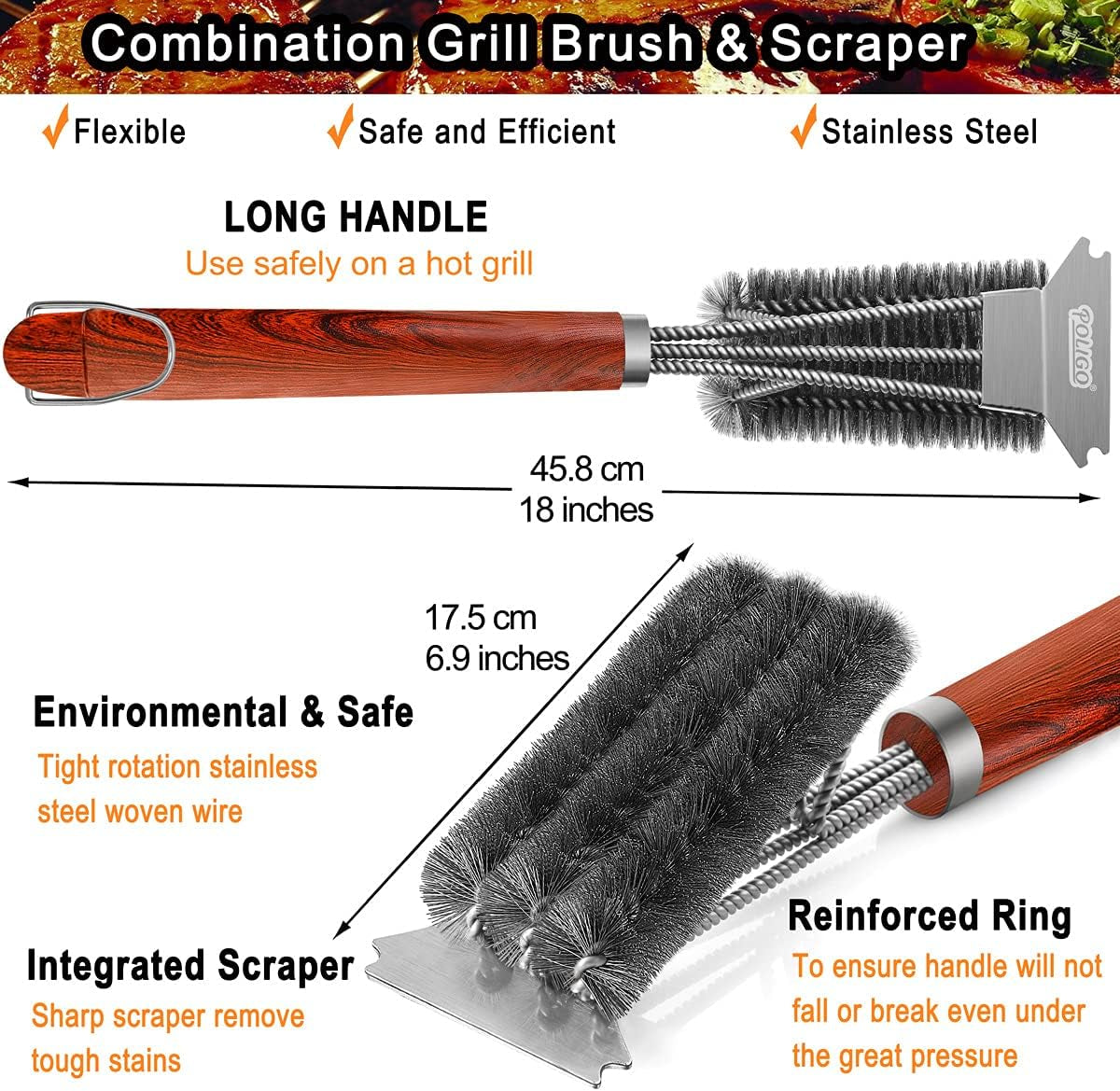 BBQ Brush for Grill Cleaning Safe Grill Brush and Scraper with Deluxe Handle - 18" Grill Cleaner Brush Stainless Steel Bristle Grill Brush for Outdoor Grill Wizard Grate - Ideal Grilling Gifts