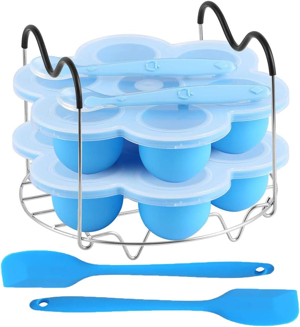 Silicone Egg Bites Molds and Steamer Rack Trivet with Heat Resistant Handles Fit Instant Pot Accessories, 7Pcs Set for 6Qt & 8Qt Electric Pressure Cooker with 2 Spoons and Silicone Spatula