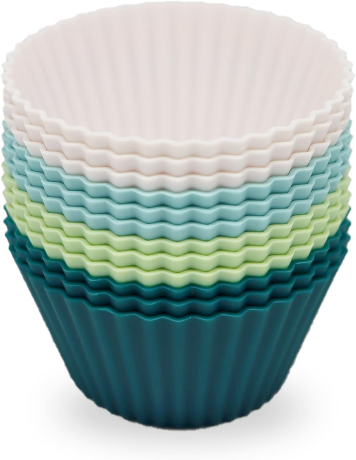 Silicone Baking Muffin Cups 12 Pack, Reusable Cupcake Liners Cake Molds, BPA Free, Dishwasher Safe(White, Green, Navy, Dusty Blue)