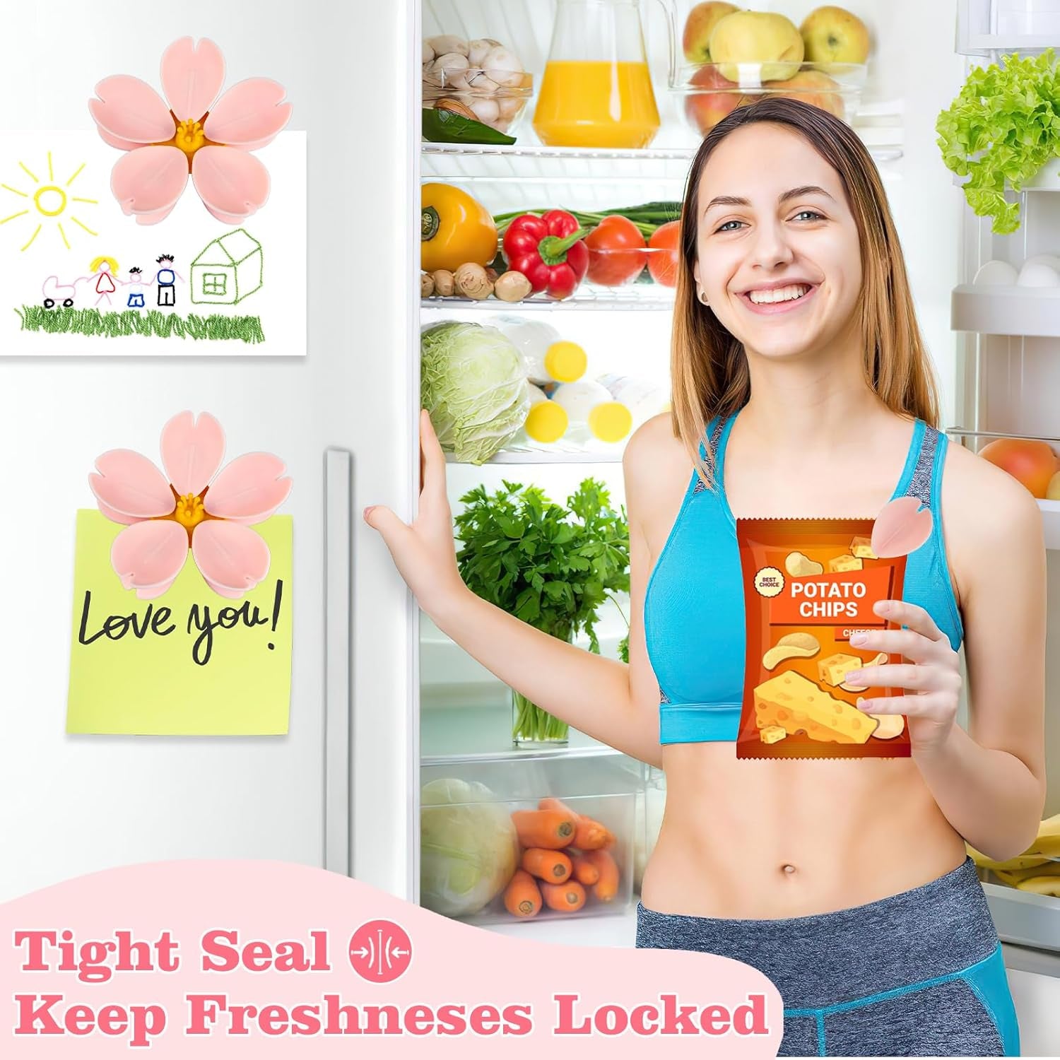 4 Pack Cherry Chip Clips Magnetic, Strong Cute Fridge Magnets Clips, Sealing Pink Chip Clips for Snack Bag Storage