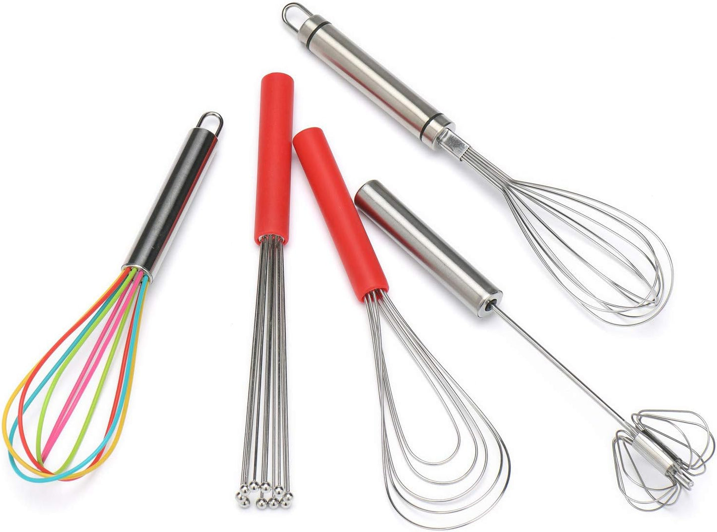 Flat Whisk Silicone Handle Non Slip 10" - 5 Wires Whisk with 10 Heads for Kitchen Cooking Color Red by