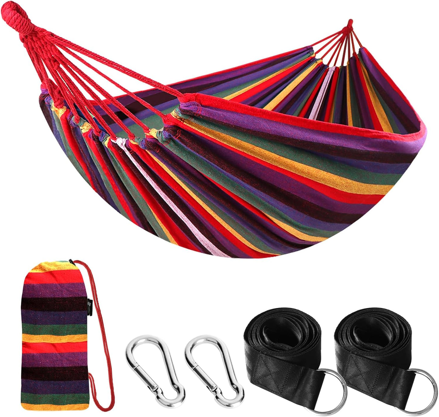 Cotton Hammock Portable Camping Hammocks for Hanging Sturdy Garden Comfortable Fabric Hammock with Tree Straps up to 660Lbs with Travel Bag for Camping Outdoor/Indoor Patio Backyard