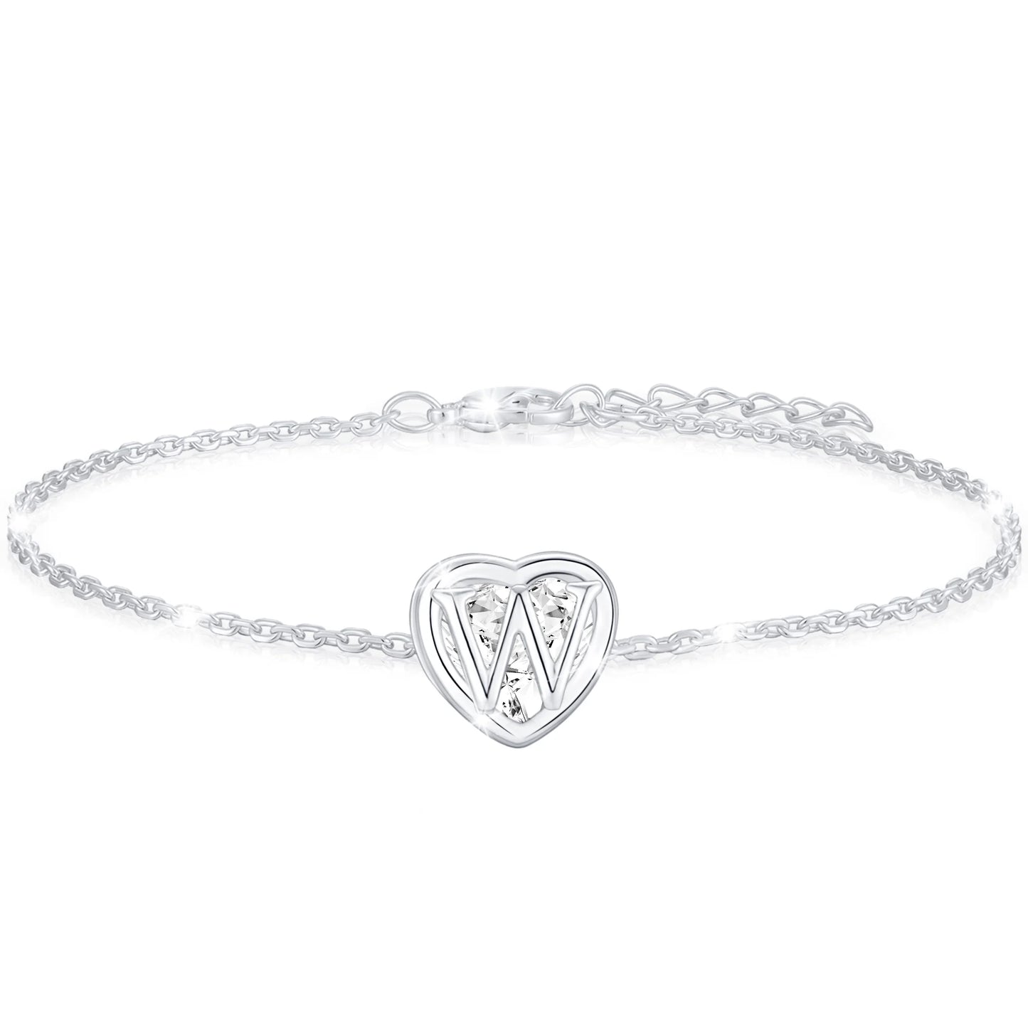 S925 Sterling Silver Plated Love Heart Initial Bracelets for Women Girls CZ Letter W Bracelet Birthday Graduation Jewelry Gifts Teen Her Mom Wife Lady Adults Kids Age Ideas