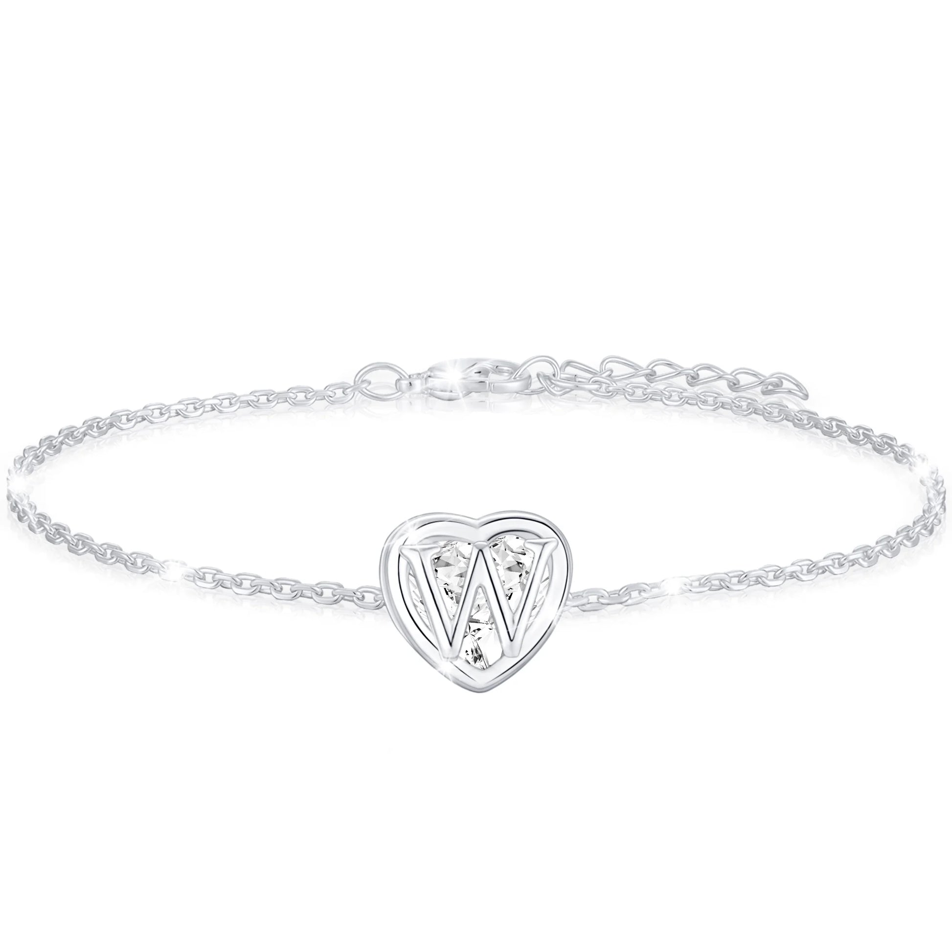 S925 Sterling Silver Plated Love Heart Initial Bracelets for Women Girls CZ Letter W Bracelet Birthday Graduation Jewelry Gifts Teen Her Mom Wife Lady Adults Kids Age Ideas