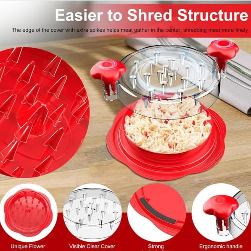 Large Chicken Shredder with Cleaning Brush & Tong 10'' Pro Chicken Shredder Tool Twist Large Stable Anti-Slip Ergonomic Handle, Removable Tray, Dishwasher Safe, BPA Free (Red)