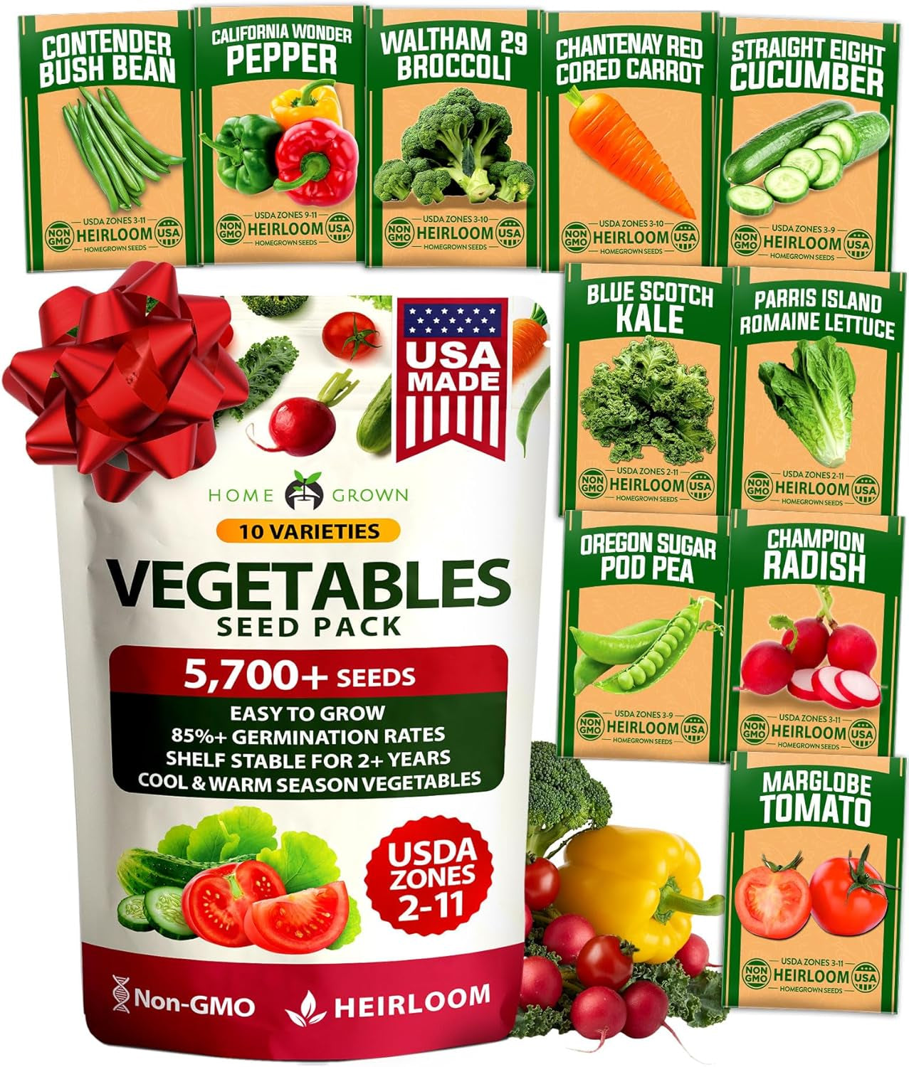 10 Variety Survival Seed Vault 5,700+ USA Grown Heirloom Non-Gmo Vegetable Seeds for Planting, High Germination, Garden Starter Kit, Emergency Food Supply, Indoor Outdoor