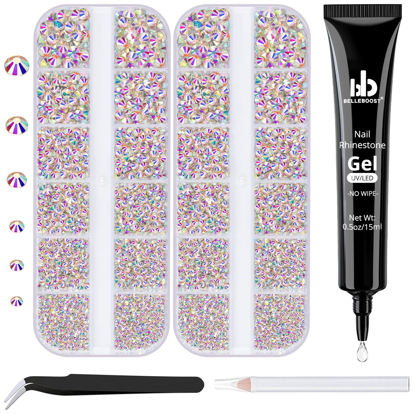 Nail Art Rhinestone Kit, 15Ml Rhinestone Gel Glue+Colorful Gems+Flatback Glass Crystal Ab&Clear Gemstones with Pickup Tools for Bedazzling Nail and Face Makeup