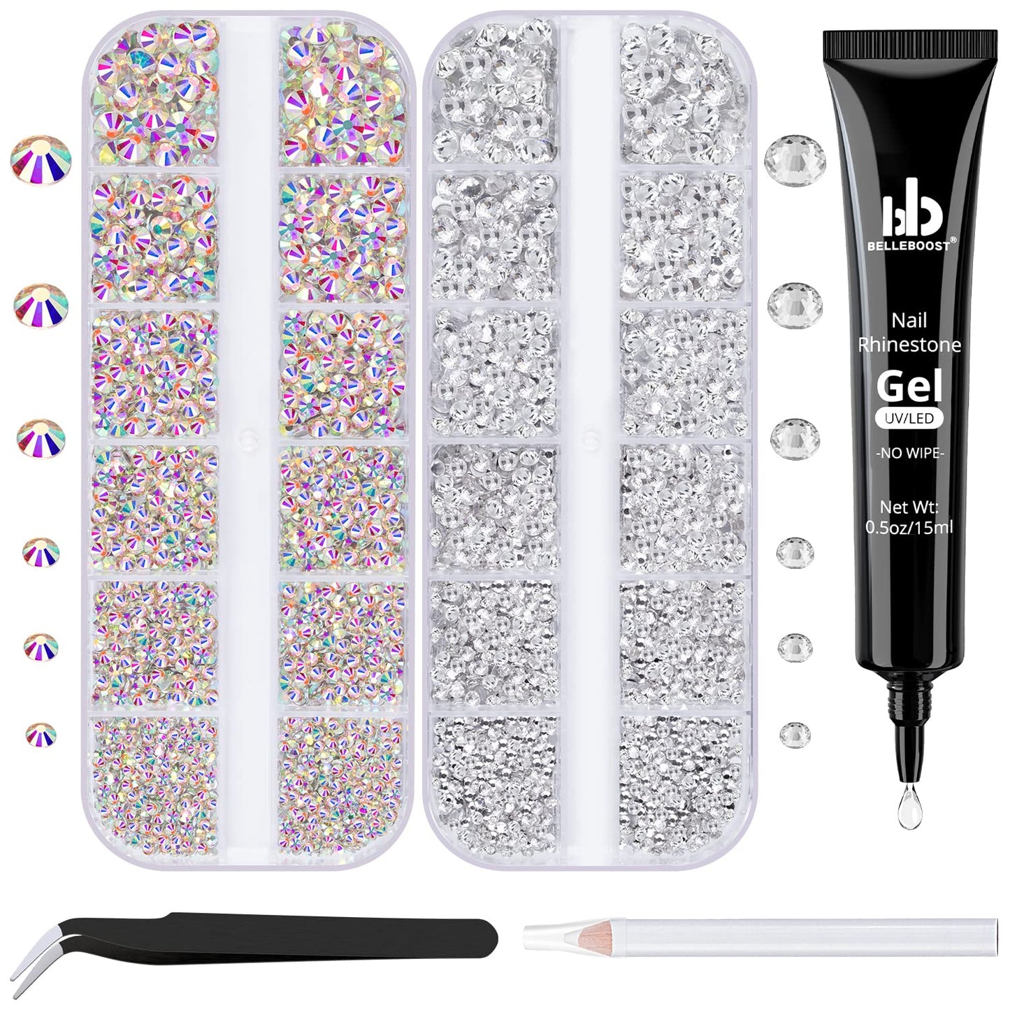 Nail Art Rhinestone Kit, 15Ml Rhinestone Gel Glue+Colorful Gems+Flatback Glass Crystal Ab&Clear Gemstones with Pickup Tools for Bedazzling Nail and Face Makeup