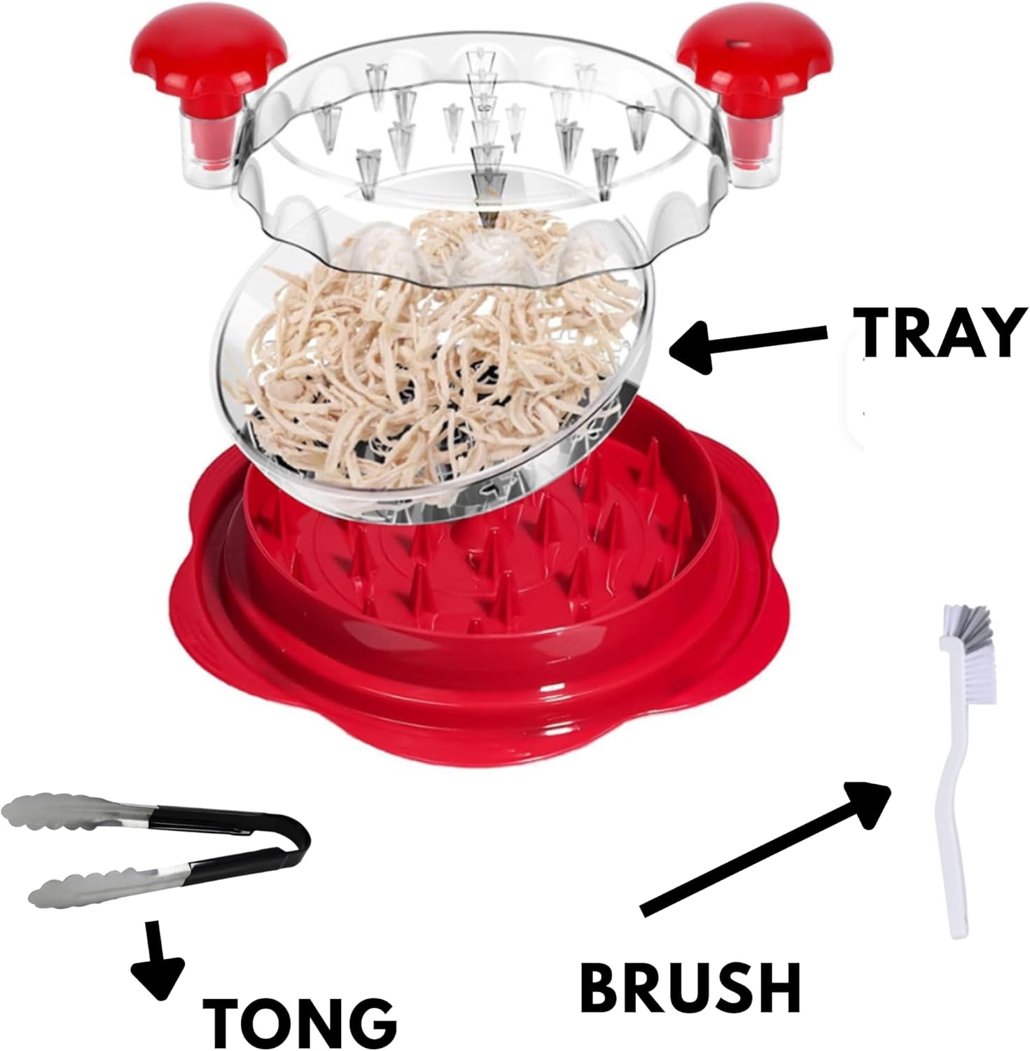 Large Chicken Shredder with Cleaning Brush & Tong 10'' Pro Chicken Shredder Tool Twist Large Stable Anti-Slip Ergonomic Handle, Removable Tray, Dishwasher Safe, BPA Free (Red)